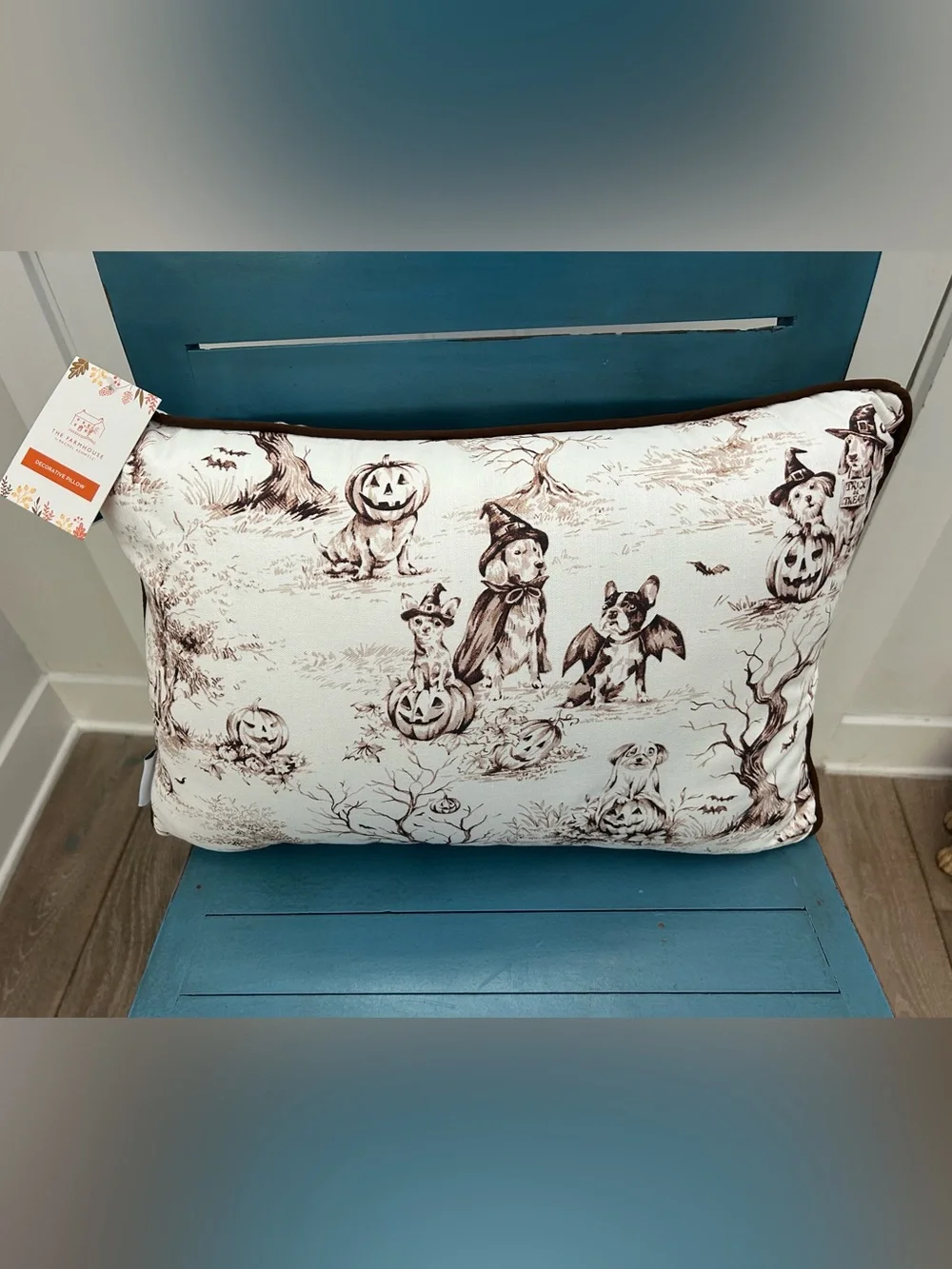 “New” The Farmhouse Halloween Puppy/ Pumpkin Print Decorative Pillow